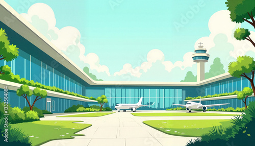 Futuristic sustainable airport with vertical gardens, eco-friendly design