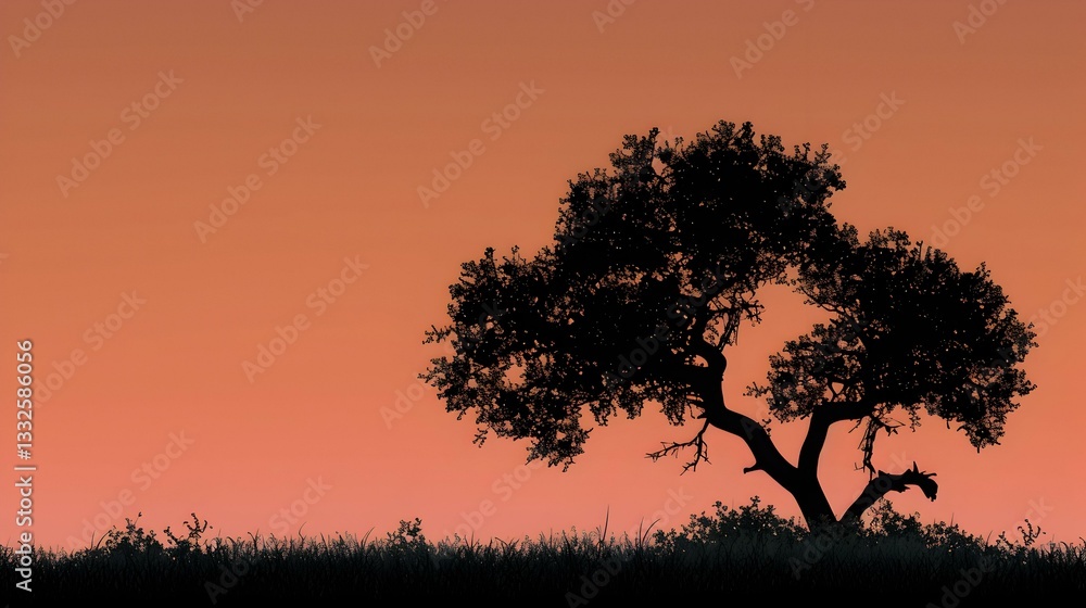 Silhouette of a tree against a warm sunset. Minimalist landscape. Silhouette of a tree against a warm sunset. Minimalist landscape.