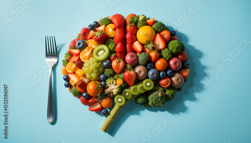 Colorful brain-shaped arrangement of fresh fruit and vegetables. Brightly colored slices of strawberries, blueberries, kiwi, oranges, grapes, apples and broccoli form the shape of a brain