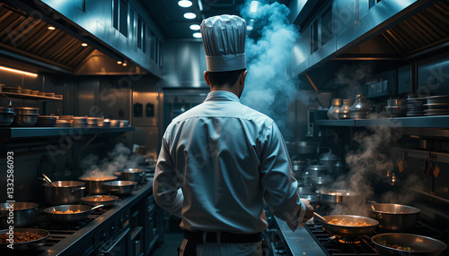Professional chef focused on cooking. Light gray chef's uniform classic chef's toque seen from the back working in a stainless steel commercial kitchen
