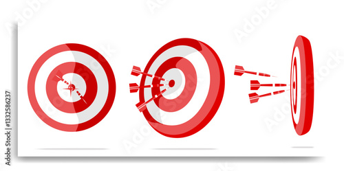 Red dartboard illustrations vector set from multiple angles with arrows hitting the target. Perfect for business, marketing, accuracy, success, and strategic goal achievement.