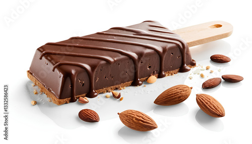 Chocolate ice cream bar with almonds broken off piece smooth glossy dark brown chocolate coating. Visible white ice cream inside. Almonds scattered decoratively over chocolate.