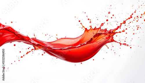 Dynamic splash of vibrant red liquid, captured in mid-air against a pure white background