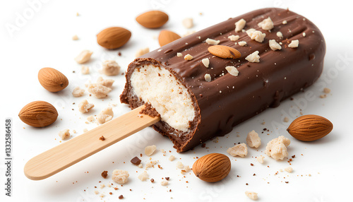 Chocolate ice cream bar with almonds broken off piece smooth glossy dark brown chocolate coating. Visible white ice cream inside. Almonds scattered decoratively over chocolate.