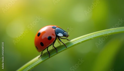 Close-up macro shot of a ladybug on a blade of grass.  Vibrant red shell with black spots detailed texture of the ladybug's exoskeleton