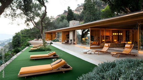 Modern home exterior with lounge chairs on a manicured lawn.