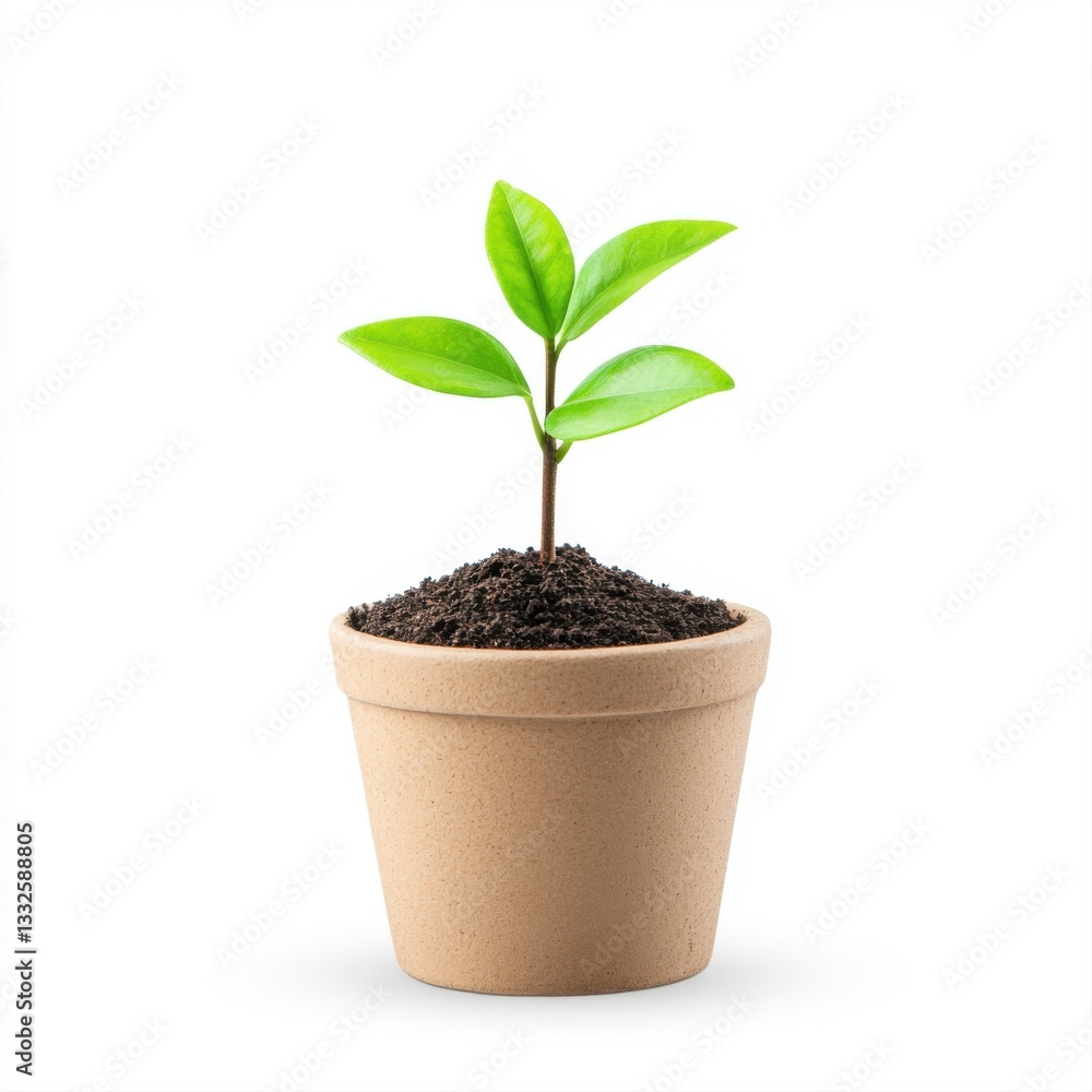 Young Green Plant Sprouting from Brown Pot Filled with Dark Soil in Minimalist Setting Young Green Plant Sprouting from Brown Pot Filled with Dark Soil in Minimalist Setting