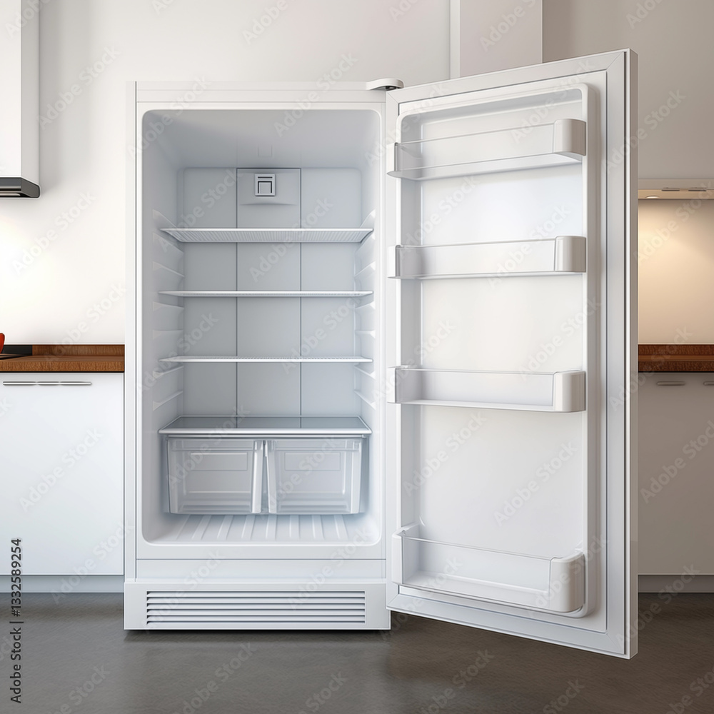 A picture of a refrigerator with the door opened, revealing the shelves inside. A picture of a refrigerator with the door opened, revealing the shelves inside.