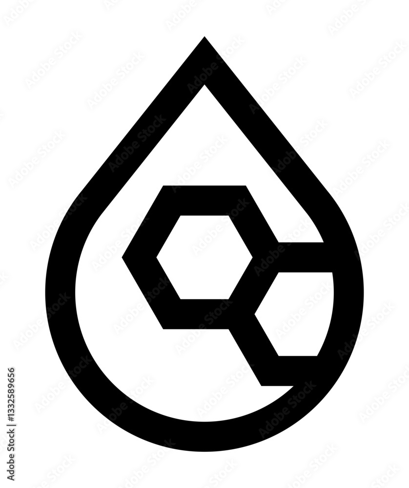 geometric drop icon with a hexagonal shape inside symbolizing oil fuel or chemistry. geometric drop icon with a hexagonal shape inside symbolizing oil fuel or chemistry.