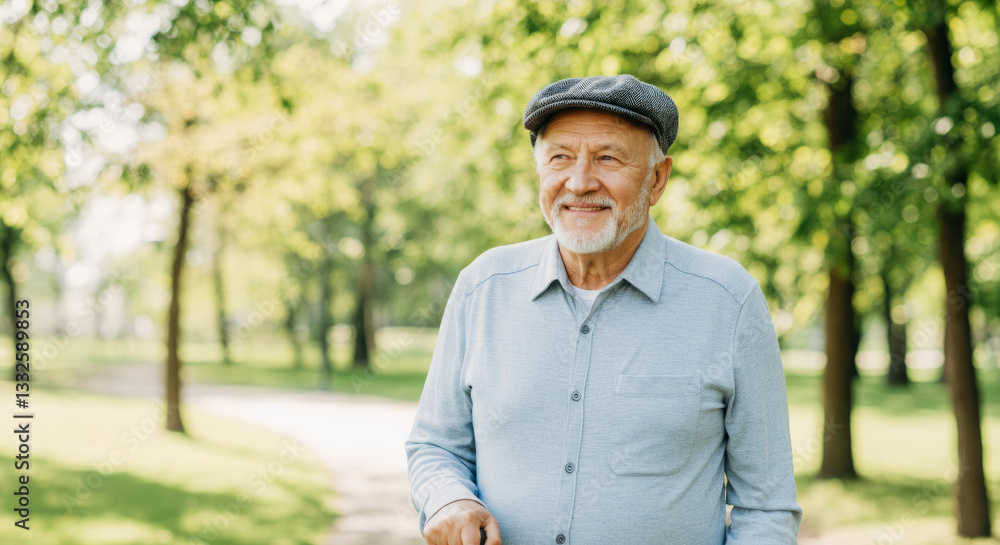 Obraz premium Elderly caucasian male enjoying a walk in the park on a sunny day