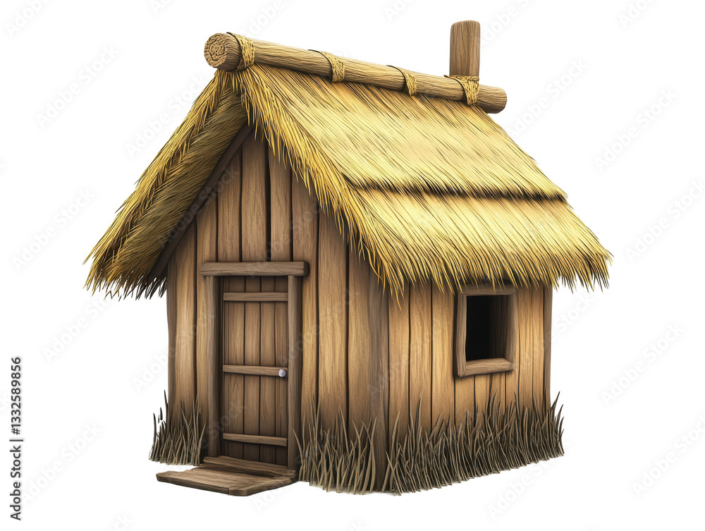 Isolated Small Thatch Roof Hut with Wood Plank Door Isolated Small Thatch Roof Hut with Wood Plank Door