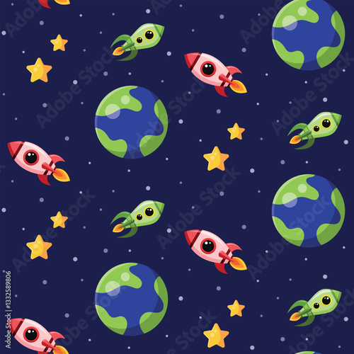Seamless cosmic pattern with rockets, planet, Earth and stars on dark blue background. Space backdrop. Flat design. Cartoon style. Pattern for kids. Design for children. Vector illustration.
