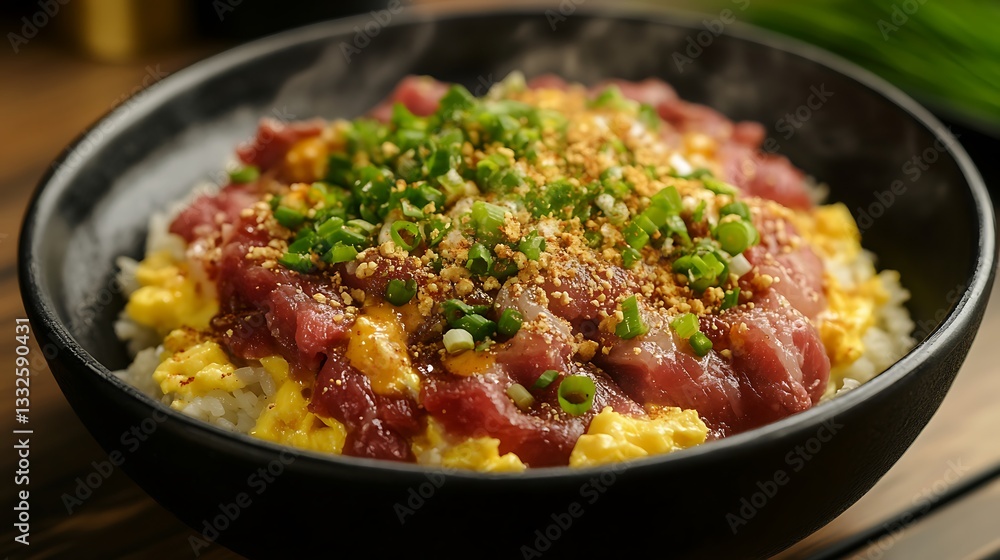 Fried corned beef with scrambled eggs rice chili flakes and scallions Fried corned beef with scrambled eggs rice chili flakes and scallions