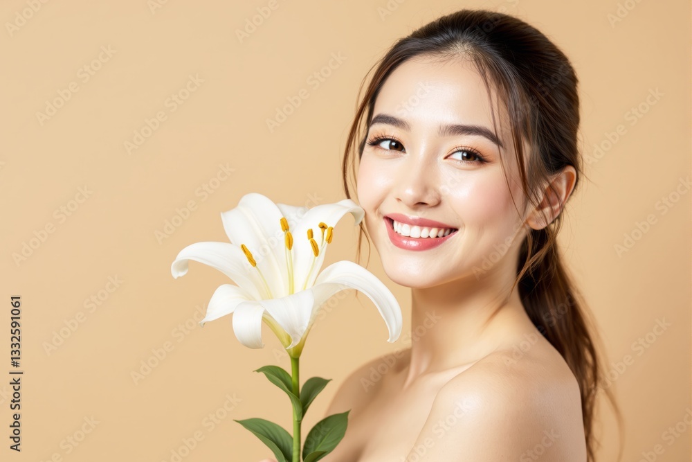 Woman holding white lily flower on beige background. Woman holding white lily flower on beige background.