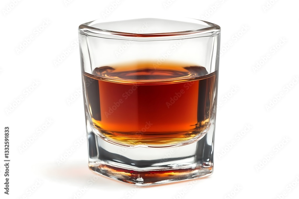 Isolated shot glass filled with amber liquid on white background studio shot Isolated shot glass filled with amber liquid on white background studio shot