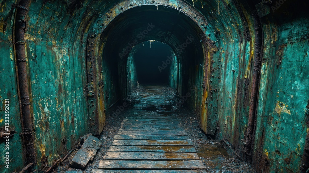 Obraz premium Exploring the Depths of a Forgotten Military Bunker: A Journey into the Mysterious Teal-Green Tunnels of Time