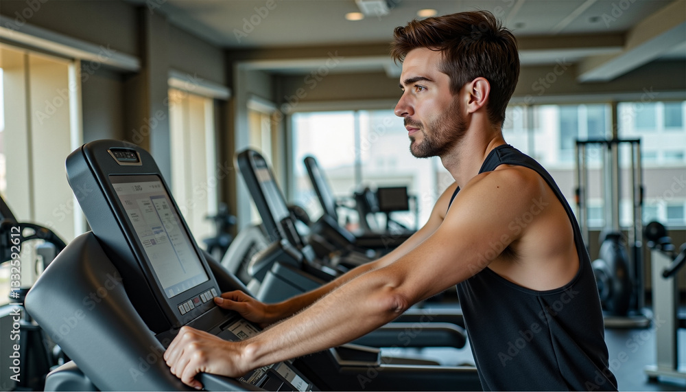 Focused young man exercising on treadmill in modern gym Focused young man exercising on treadmill in modern gym