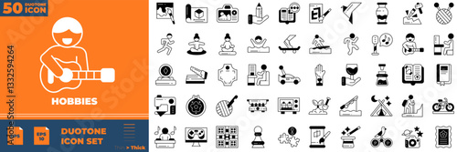 Hobbies Duotone Editable Icons set. Vector illustration in modern thin duotone style of hobbies icons: painting, photography, acting, traveling, hiking, etc