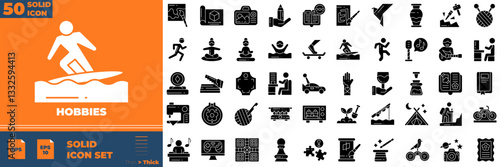 Hobbies Solid Editable Icons set. Vector illustration in modern thin solid style of hobbies icons: painting, photography, acting, traveling, hiking, etc