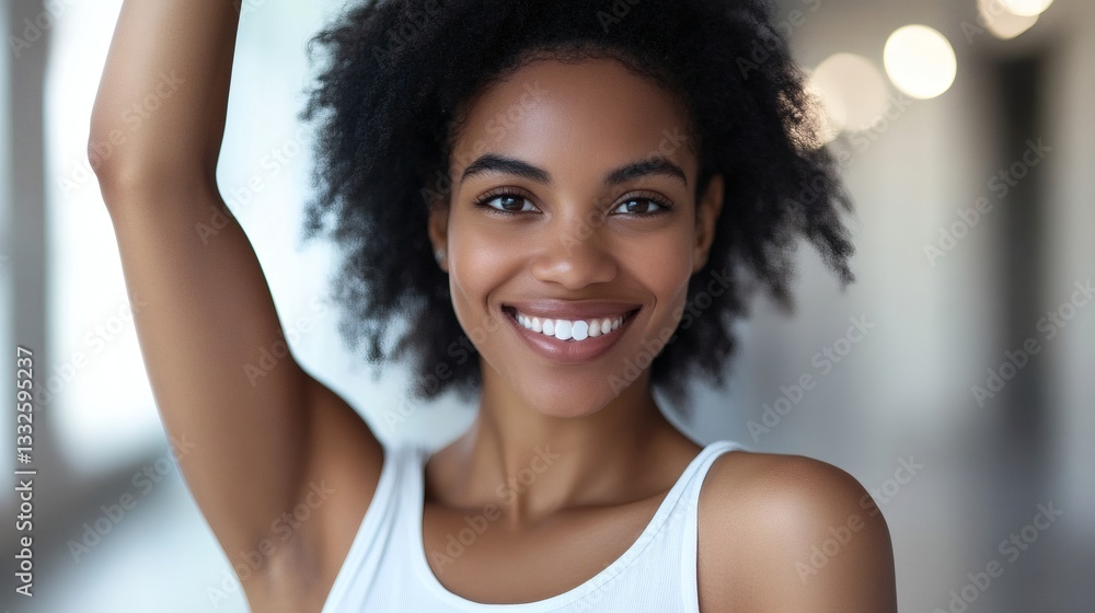 A beautiful smiling woman with dark curly hair raises her arm A beautiful smiling woman with dark curly hair raises her arm