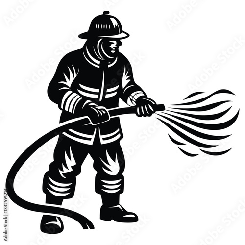 Firefighter in full gear silhouette vector illustration design, Firefighter Silhouette Holding Hose Vector Graphic Essential Emergency Response