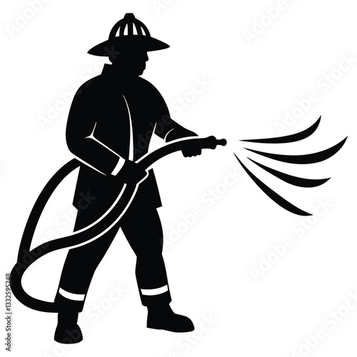 Firefighter in full gear silhouette vector illustration design, Firefighter Silhouette Holding Hose Vector Graphic Essential Emergency Response
