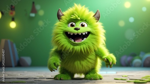 Bright green, fuzzy cartoon monster.