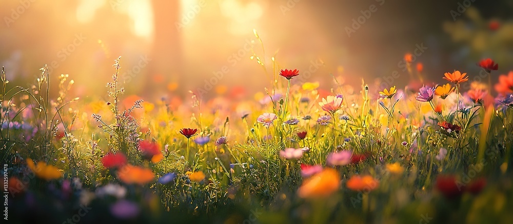 A vibrant meadow of wildflowers bathed in the soft glow of sunrise, with petals gently swaying under the warm sunlight. A vibrant meadow of wildflowers bathed in the soft glow of sunrise, with petals gently swaying under the warm sunlight.
