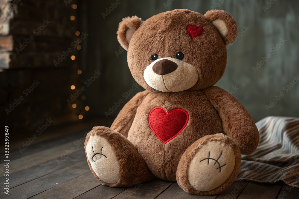 Obraz premium A Heartwarming Brown Teddy Bear, A Symbol Of Love And Comfort, Sits Patiently, Adorned With Embroidered Hearts, In Soft, Warm Lighting Against A Blurred Rustic Background