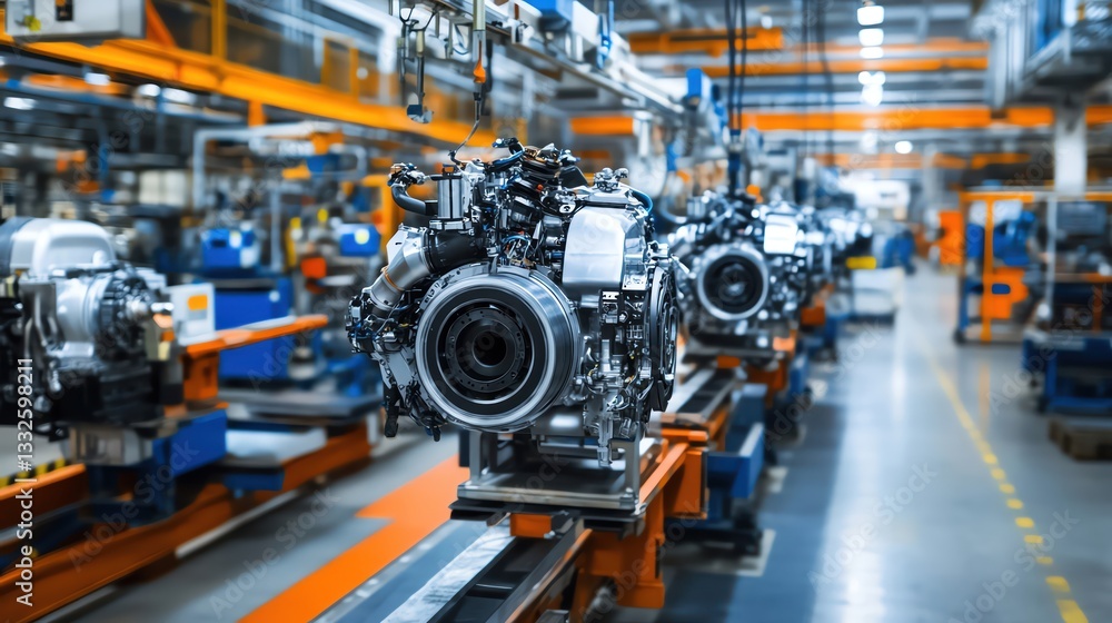 Industrial assembly line with engines being manufactured precision engineering, brightly lit factory setting Industrial assembly line with engines being manufactured precision engineering, brightly lit factory setting