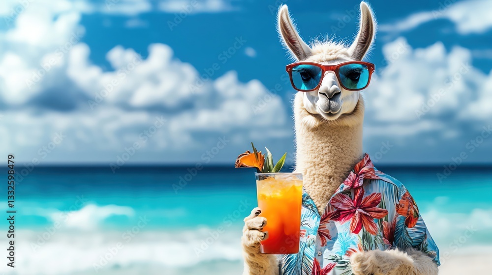 Fototapeta premium Llama in sunglasses and Hawaiian shirt, holding a tropical drink, scenic ocean backdrop
