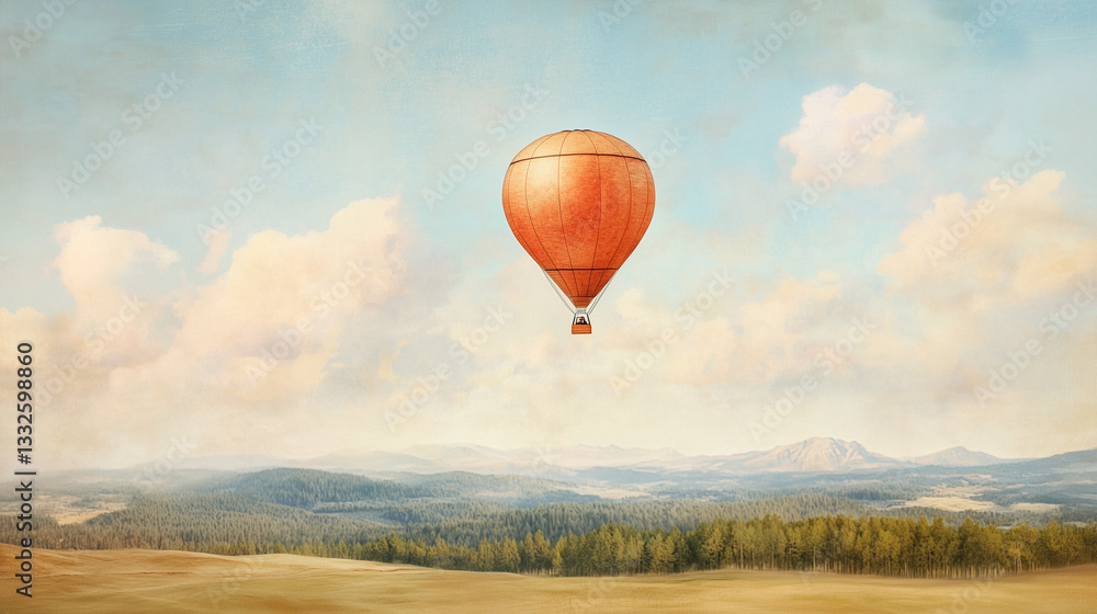 Fototapeta premium Vintage-style orange hot air balloon drifting over panoramic forest landscape