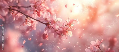 A delicate and beautiful background with cherry blossoms in full bloom, bathed in soft sunlight.