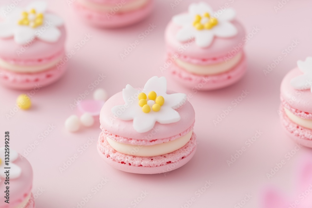 delicate arrangement of cherry blossom-shaped macarons with soft pink shells and intricate floral details. Each macaron is filled with a smooth, creamy vanilla filling delicate arrangement of cherry blossom-shaped macarons with soft pink shells and intricate floral details. Each macaron is filled with a smooth, creamy vanilla filling