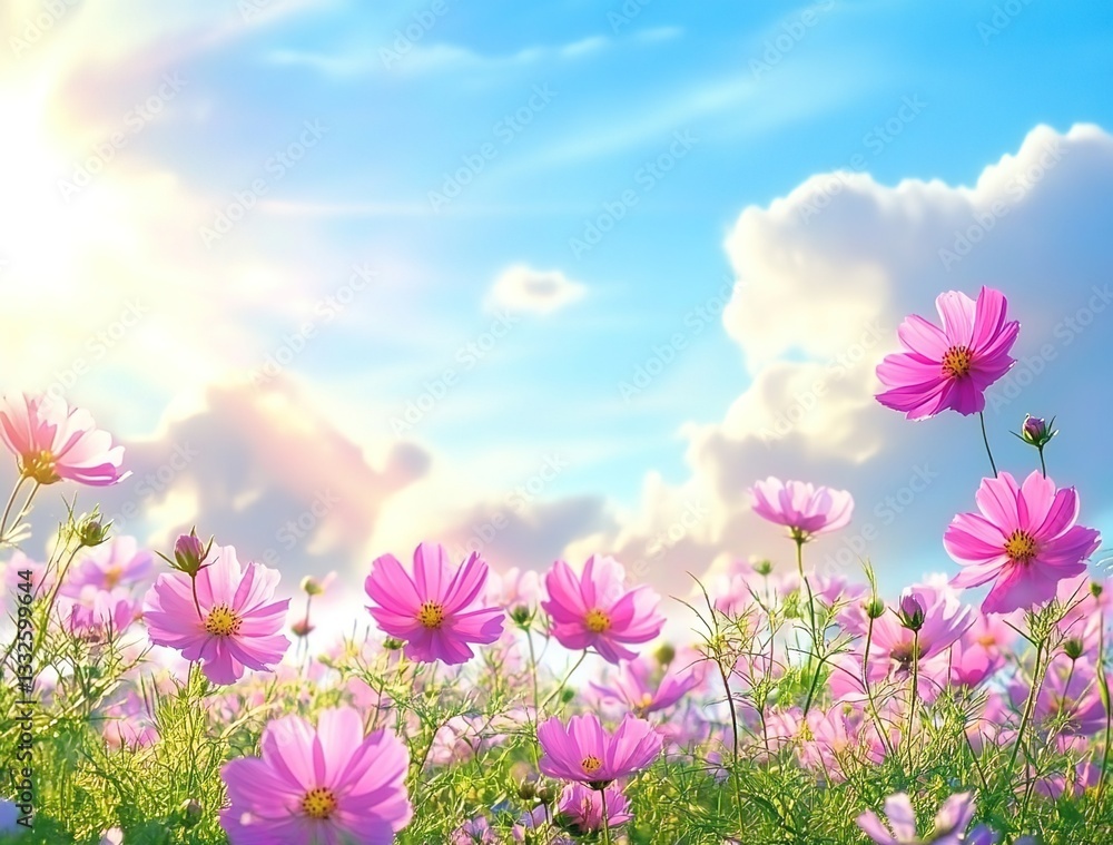 Pink cosmos flowers in full bloom, with the sun shining brightly against a blue sky background. Pink cosmos flowers in full bloom, with the sun shining brightly against a blue sky background.