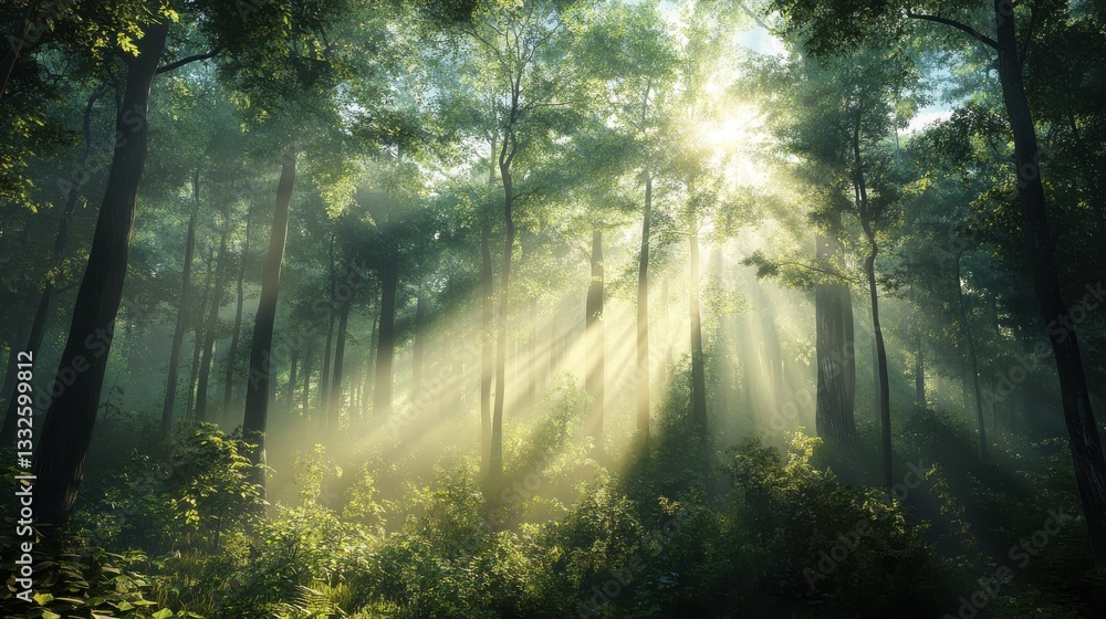 Obraz premium A tranquil forest scene with sunbeams piercing through towering trees and a misty atmosphere, illuminating the lush undergrowth and casting a warm glow over the woodland.
