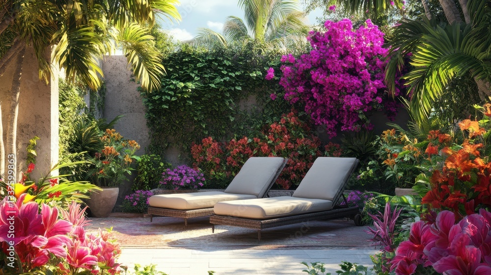 Fototapeta premium Serene outdoor garden with sun loungers and vibrant floral arrangements.