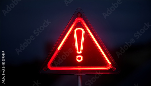 Glowing neon red triangle sign, exclamation point on dark. Warning indicator. Alert signal.