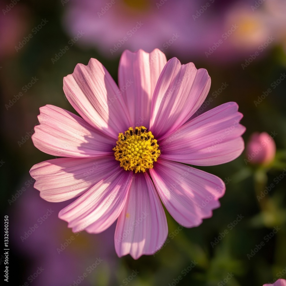 Delicate pink flower blooms amidst vibrant surroundings during sunny spring afternoon Delicate pink flower blooms amidst vibrant surroundings during sunny spring afternoon
