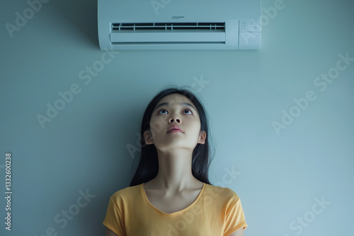 Frustrated young Asian woman struggles with a faulty air conditioning system, adjusting a wall-mounted thermostat, dealing with heating or cooling issues at home.