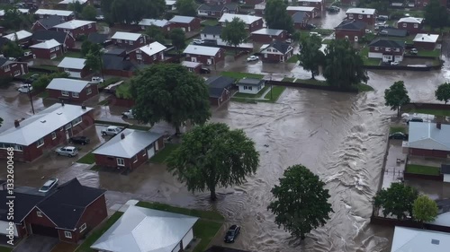 Raging floodwaters surging through residential neighborhood, completely submerging houses and streets during catastrophic natural disaster causing widespread destruction and water damage