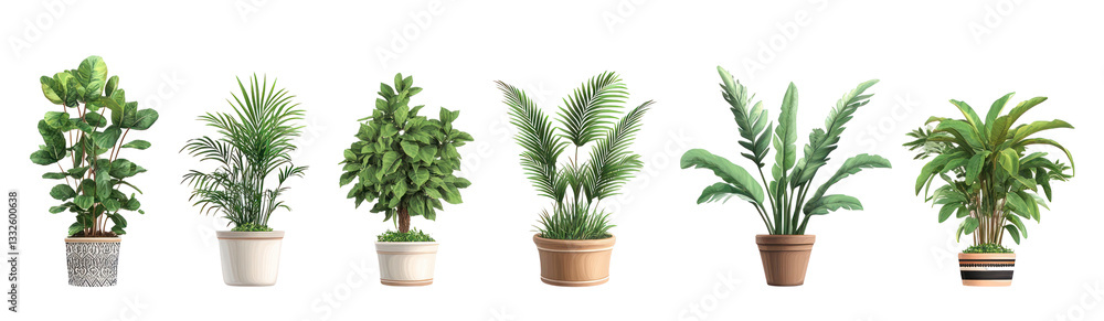 Diverse selection of plants in ceramic pots isolated on transparent background. 3D rendering. Diverse selection of plants in ceramic pots isolated on transparent background. 3D rendering.