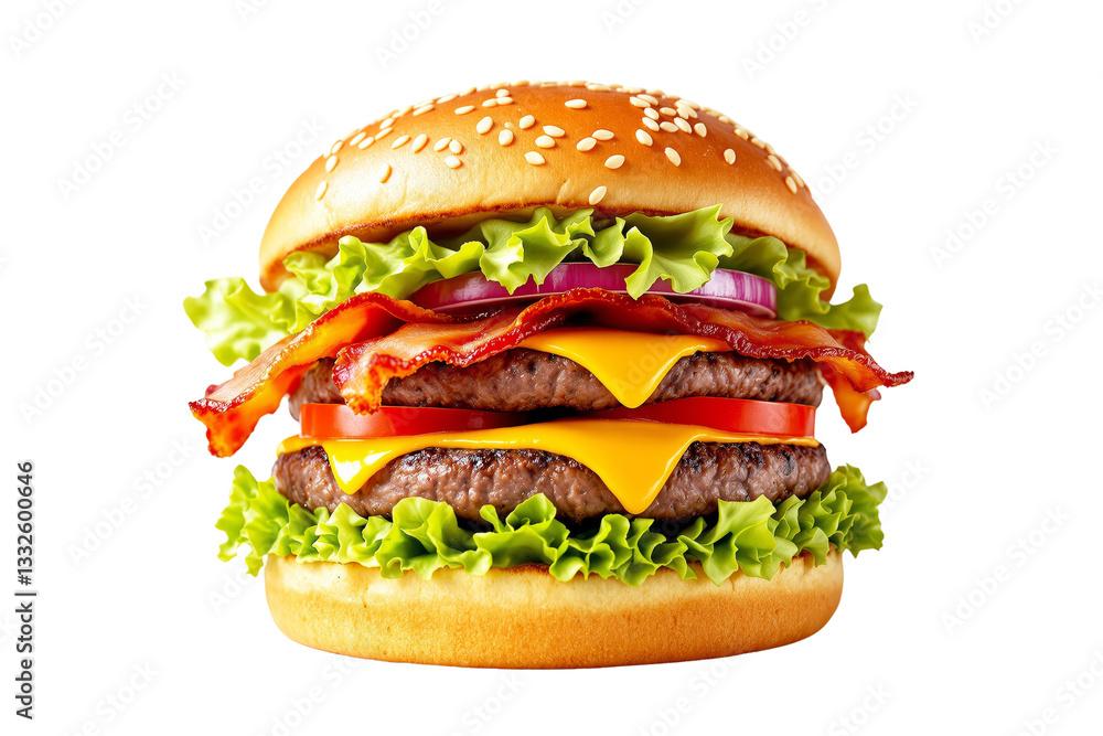 Juicy double bacon cheeseburger with lettuce, tomato, onion, and melted cheese in a sesame seed bun, isolated on a white background. Ai generative Juicy double bacon cheeseburger with lettuce, tomato, onion, and melted cheese in a sesame seed bun, isolated on a white background. Ai generative