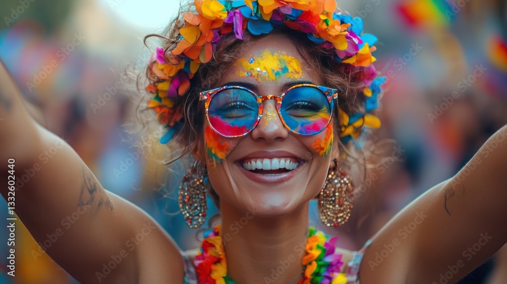 Joyful woman at vibrant parade, colorful face paint Joyful woman at vibrant parade, colorful face paint