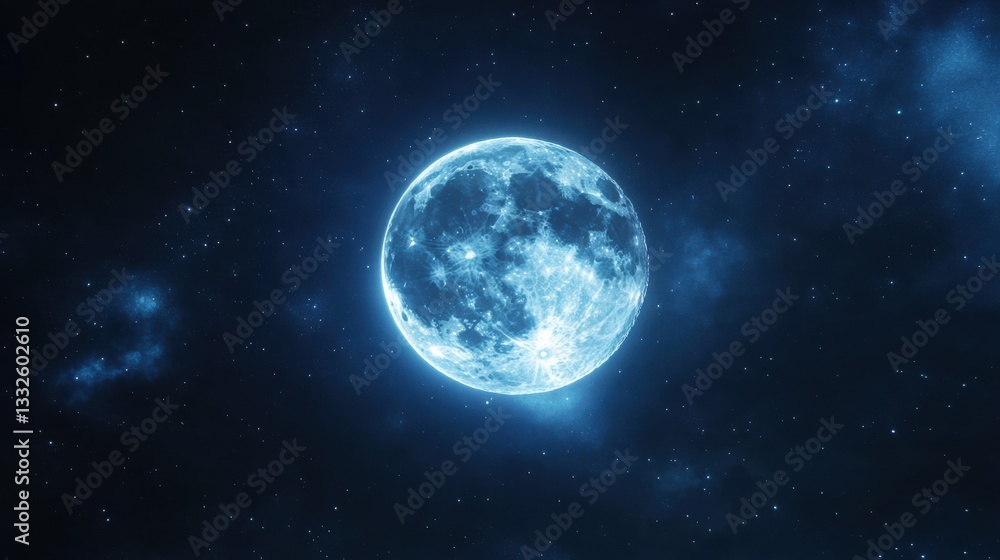 High resolution images A full moon glowing blue against the black sky, perfect for creating an enchanting and mysterious atmosphere in your images or video backgrounds. The bright light of the Moon High resolution images A full moon glowing blue against the black sky, perfect for creating an enchanting and mysterious atmosphere in your images or video backgrounds. The bright light of the Moon