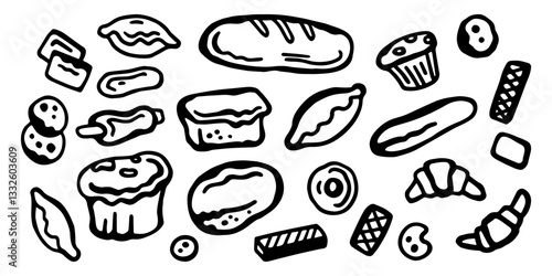 Horizontal vector banner with the image of icons of black and white bakery products on a white isolated background