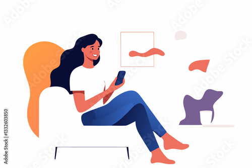 young woman relaxing on a couch with a smartphone in her hand on a bright background