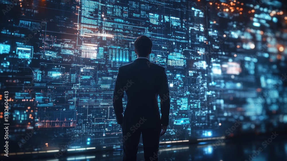 Data Analyst Examining Big Data Visualization on a Giant Screen Data Analyst Examining Big Data Visualization on a Giant Screen