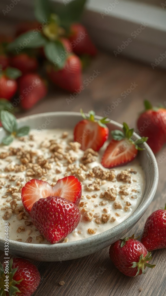 Bowl of muesli with fresh strawberries, close-up, healthy breakfast, bowl Bowl of muesli with fresh strawberries, close-up, healthy breakfast, bowl