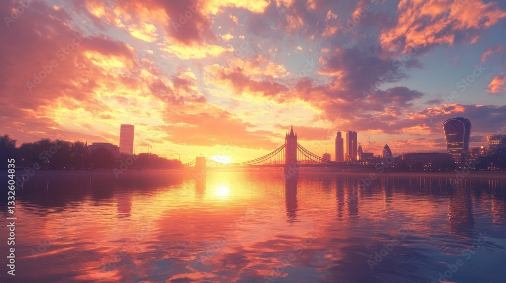 Obraz premium London skyline landmark concept. Tower Bridge at sunset with a colorful sky and serene water reflection.